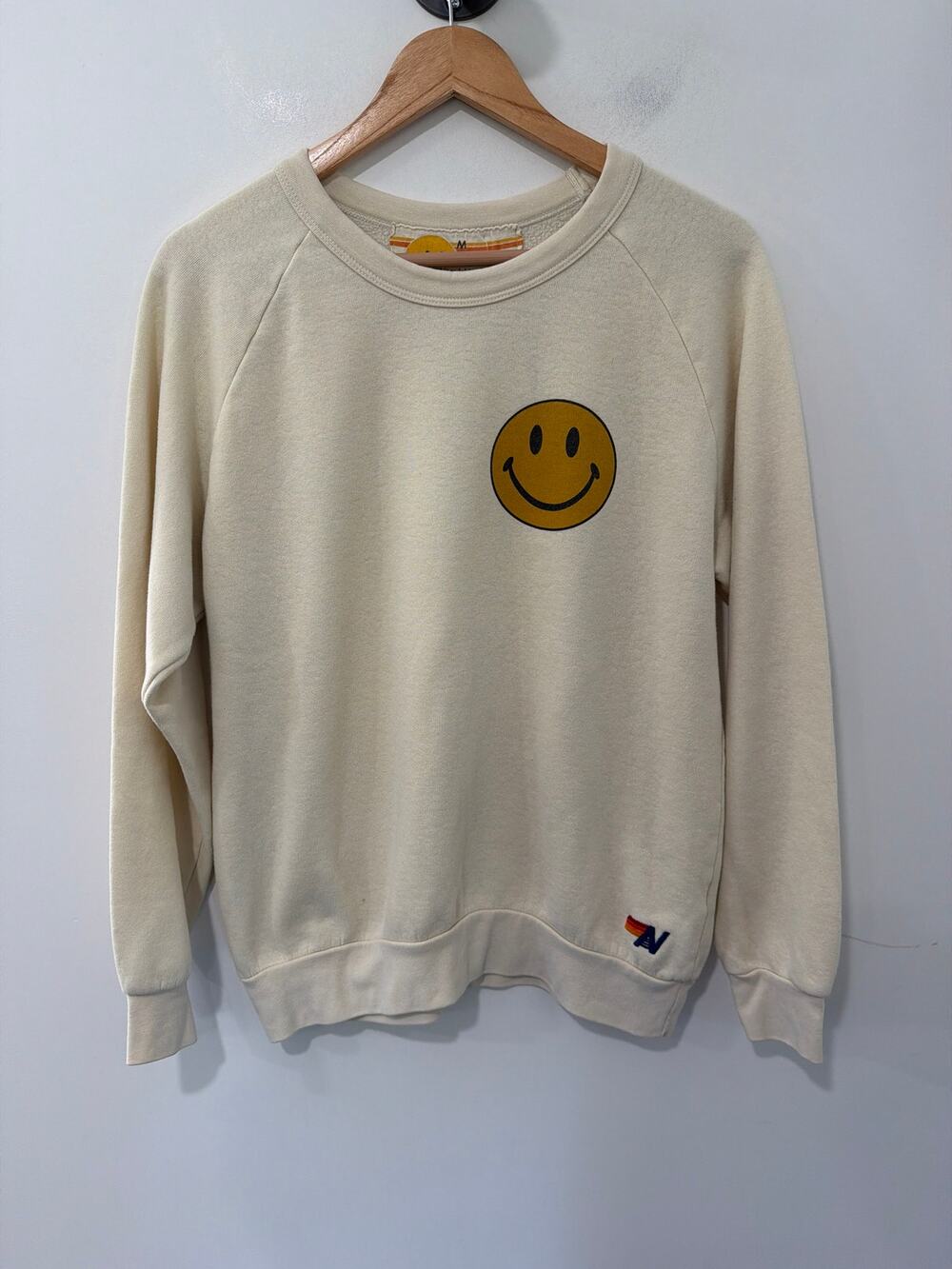 Aviator Nation Smiley Crew Neck Sweatshirt Cream Size M
